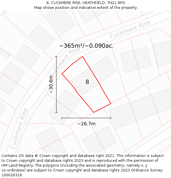 8, CUCKMERE RISE, HEATHFIELD, TN21 8PG: Plot and title map
