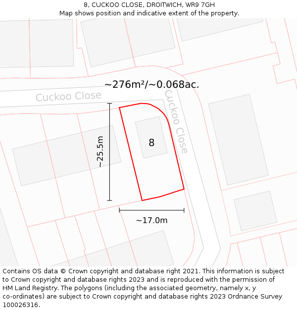 8, CUCKOO CLOSE, DROITWICH, WR9 7GH: Plot and title map