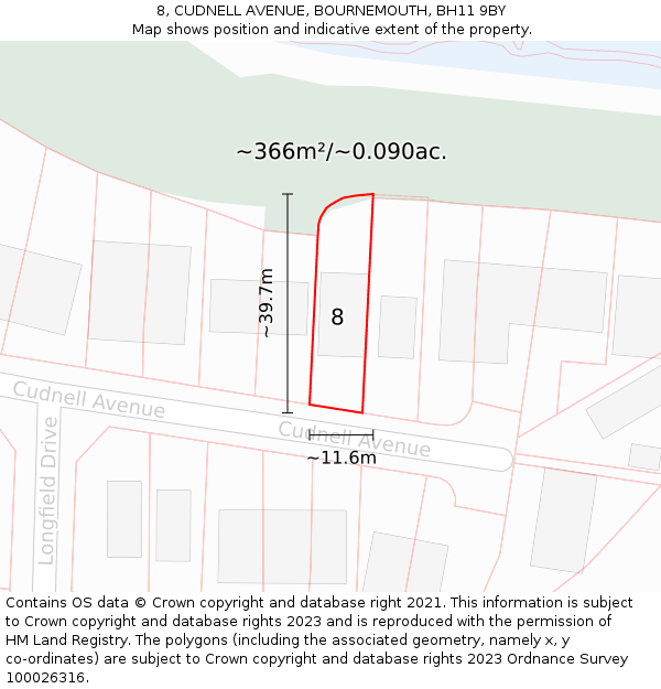 8, CUDNELL AVENUE, BOURNEMOUTH, BH11 9BY: Plot and title map