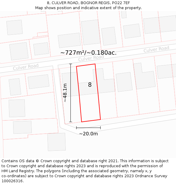 8, CULVER ROAD, BOGNOR REGIS, PO22 7EF: Plot and title map