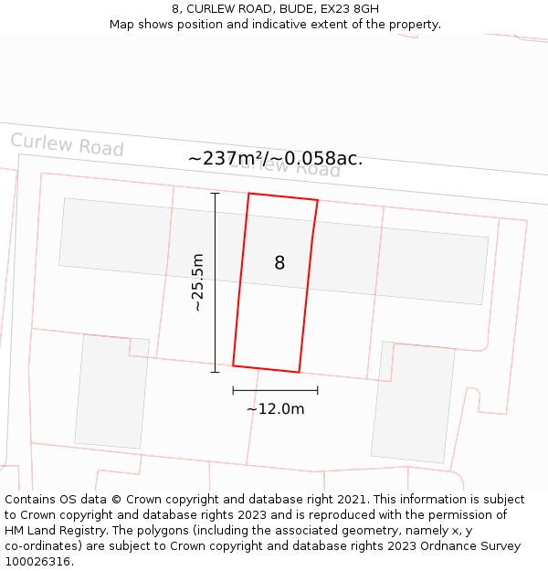 8, CURLEW ROAD, BUDE, EX23 8GH: Plot and title map