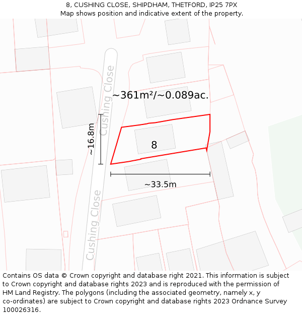 8, CUSHING CLOSE, SHIPDHAM, THETFORD, IP25 7PX: Plot and title map
