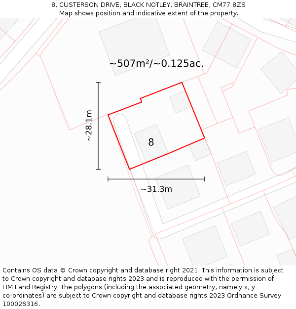 8, CUSTERSON DRIVE, BLACK NOTLEY, BRAINTREE, CM77 8ZS: Plot and title map