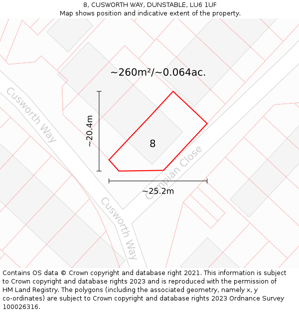 8, CUSWORTH WAY, DUNSTABLE, LU6 1UF: Plot and title map