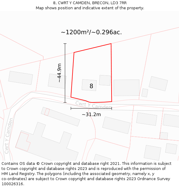 8, CWRT Y CAMDEN, BRECON, LD3 7RR: Plot and title map