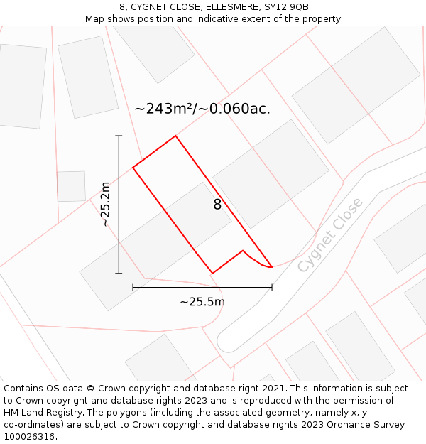 8, CYGNET CLOSE, ELLESMERE, SY12 9QB: Plot and title map