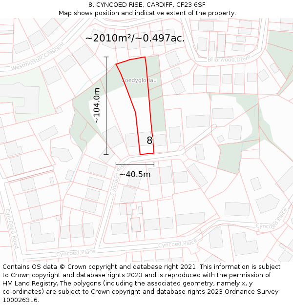 8, CYNCOED RISE, CARDIFF, CF23 6SF: Plot and title map
