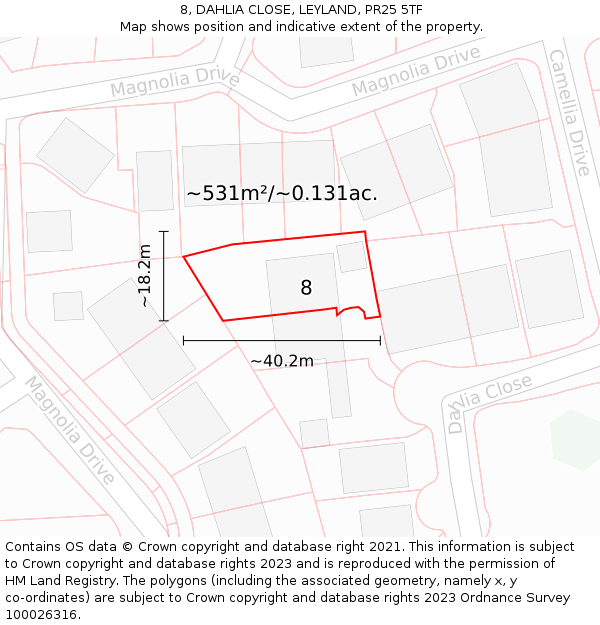 8, DAHLIA CLOSE, LEYLAND, PR25 5TF: Plot and title map