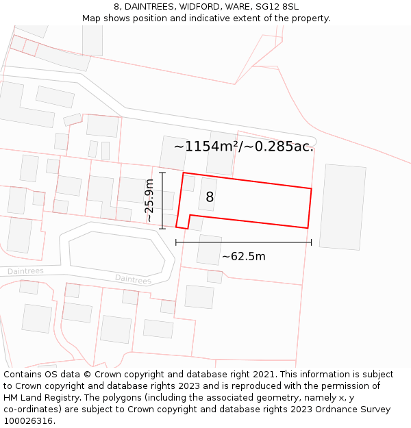 8, DAINTREES, WIDFORD, WARE, SG12 8SL: Plot and title map