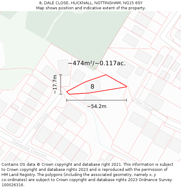 8, DALE CLOSE, HUCKNALL, NOTTINGHAM, NG15 6SY: Plot and title map
