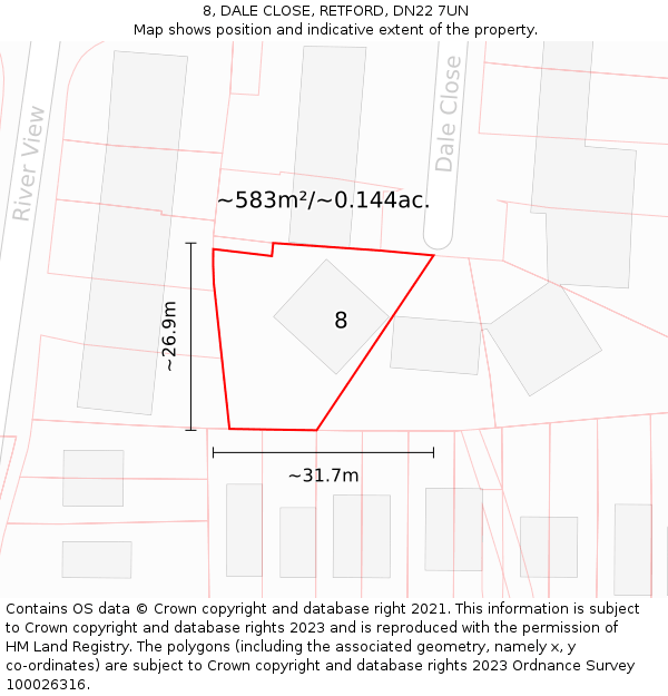 8, DALE CLOSE, RETFORD, DN22 7UN: Plot and title map