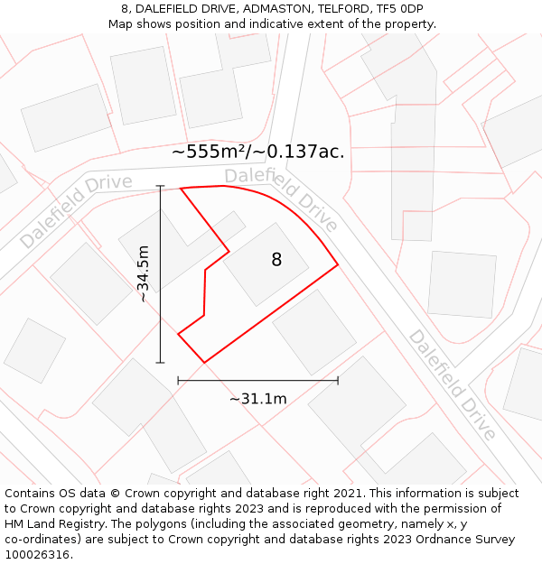 8, DALEFIELD DRIVE, ADMASTON, TELFORD, TF5 0DP: Plot and title map