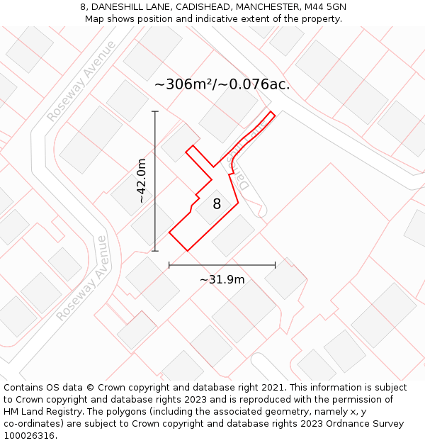 8, DANESHILL LANE, CADISHEAD, MANCHESTER, M44 5GN: Plot and title map