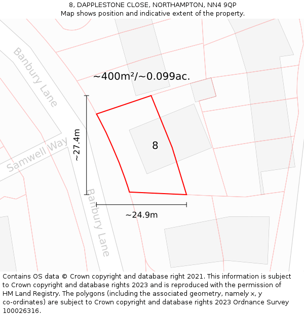 8, DAPPLESTONE CLOSE, NORTHAMPTON, NN4 9QP: Plot and title map
