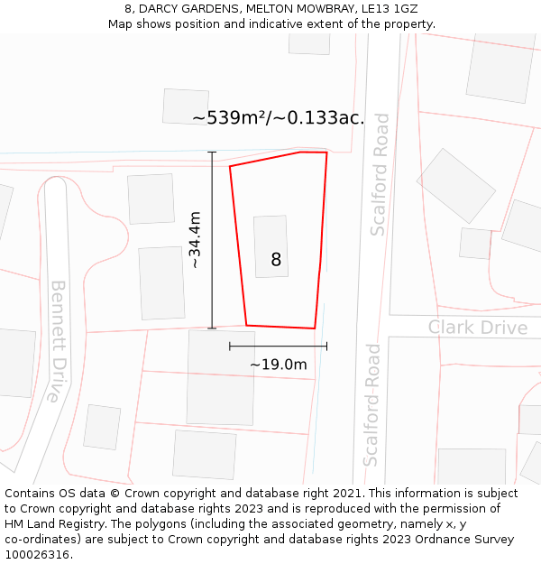 8, DARCY GARDENS, MELTON MOWBRAY, LE13 1GZ: Plot and title map
