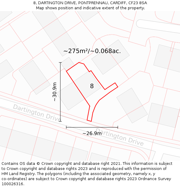 8, DARTINGTON DRIVE, PONTPRENNAU, CARDIFF, CF23 8SA: Plot and title map