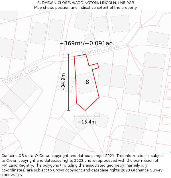 8, DARWIN CLOSE, WADDINGTON, LINCOLN, LN5 9GB: Plot and title map