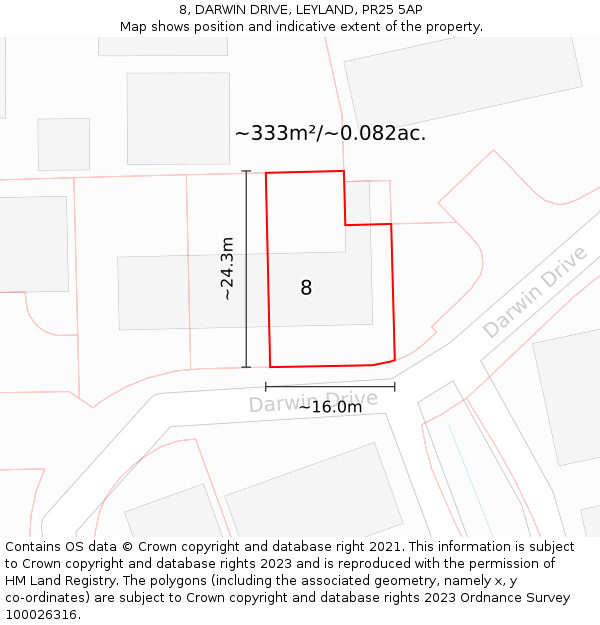 8, DARWIN DRIVE, LEYLAND, PR25 5AP: Plot and title map