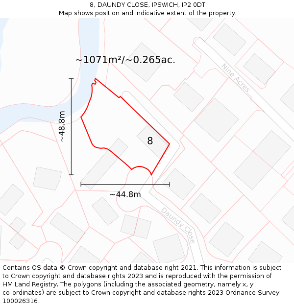 8, DAUNDY CLOSE, IPSWICH, IP2 0DT: Plot and title map