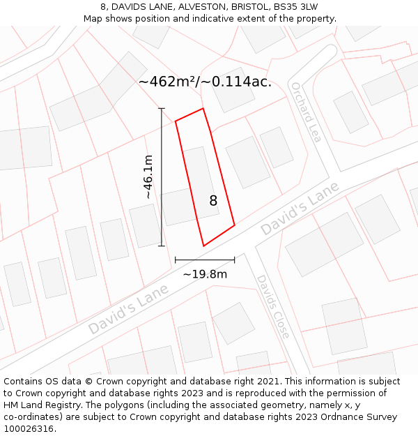 8, DAVIDS LANE, ALVESTON, BRISTOL, BS35 3LW: Plot and title map