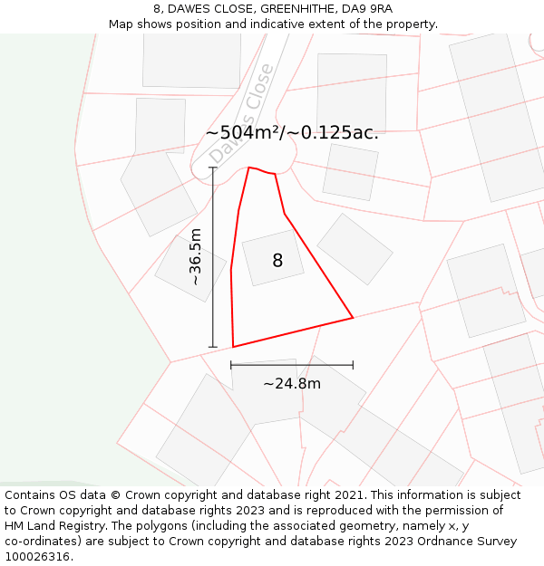 8, DAWES CLOSE, GREENHITHE, DA9 9RA: Plot and title map