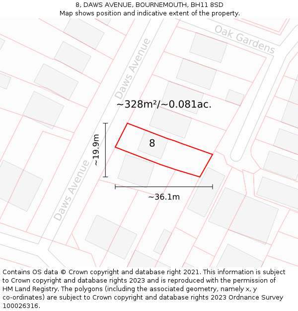 8, DAWS AVENUE, BOURNEMOUTH, BH11 8SD: Plot and title map