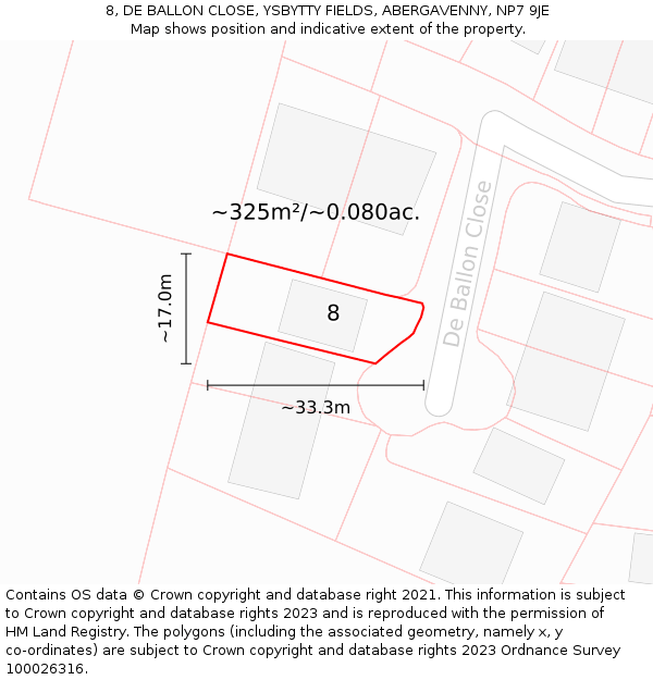 8, DE BALLON CLOSE, YSBYTTY FIELDS, ABERGAVENNY, NP7 9JE: Plot and title map