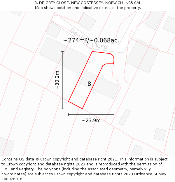 8, DE GREY CLOSE, NEW COSTESSEY, NORWICH, NR5 0AL: Plot and title map