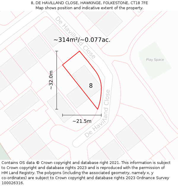 8, DE HAVILLAND CLOSE, HAWKINGE, FOLKESTONE, CT18 7FE: Plot and title map