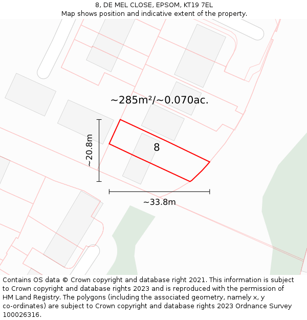8, DE MEL CLOSE, EPSOM, KT19 7EL: Plot and title map