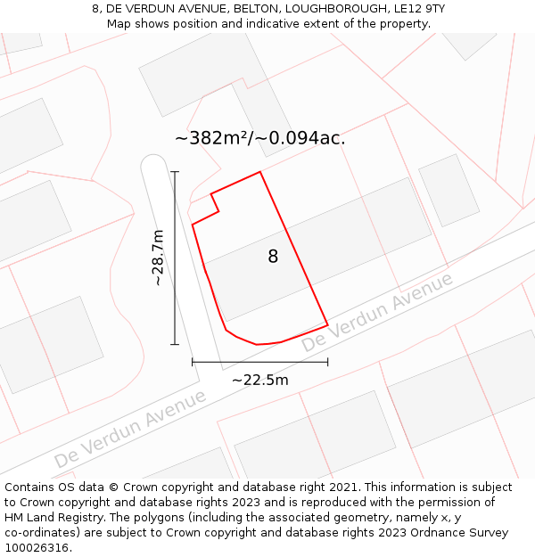 8, DE VERDUN AVENUE, BELTON, LOUGHBOROUGH, LE12 9TY: Plot and title map