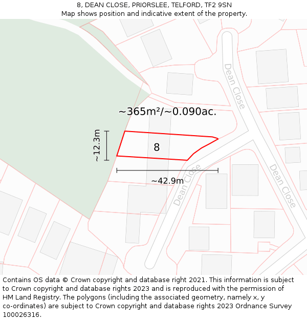 8, DEAN CLOSE, PRIORSLEE, TELFORD, TF2 9SN: Plot and title map