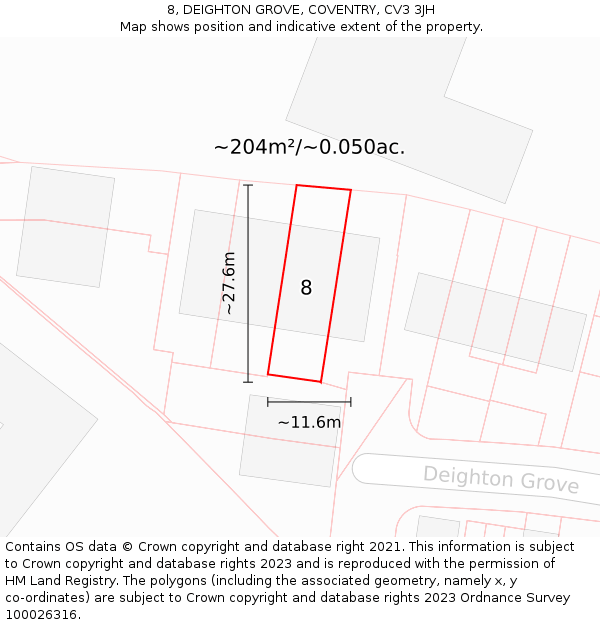 8, DEIGHTON GROVE, COVENTRY, CV3 3JH: Plot and title map