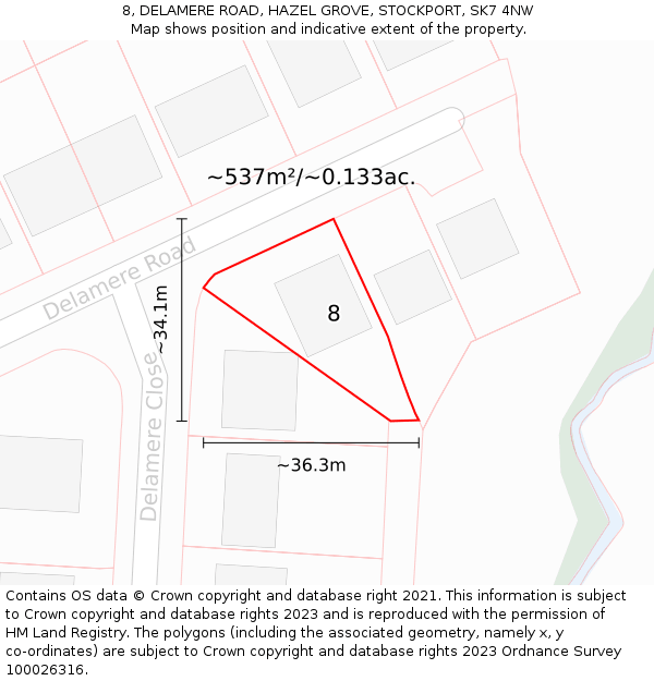 8, DELAMERE ROAD, HAZEL GROVE, STOCKPORT, SK7 4NW: Plot and title map