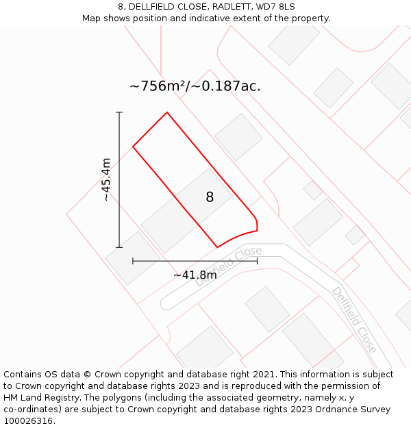8, DELLFIELD CLOSE, RADLETT, WD7 8LS: Plot and title map