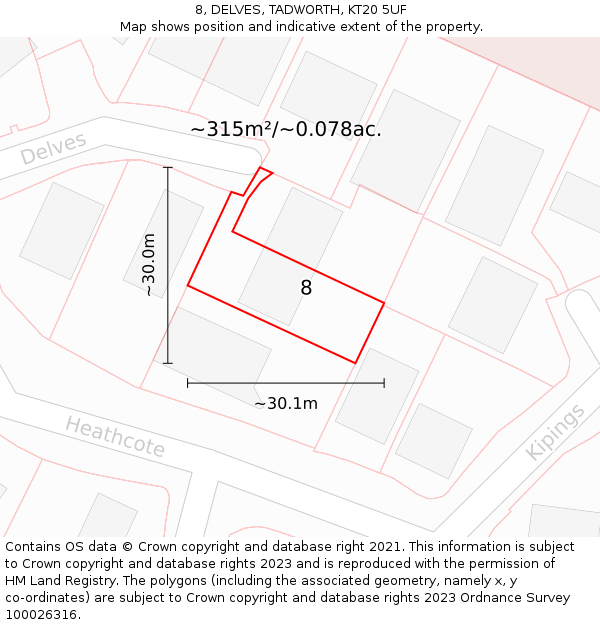 8, DELVES, TADWORTH, KT20 5UF: Plot and title map