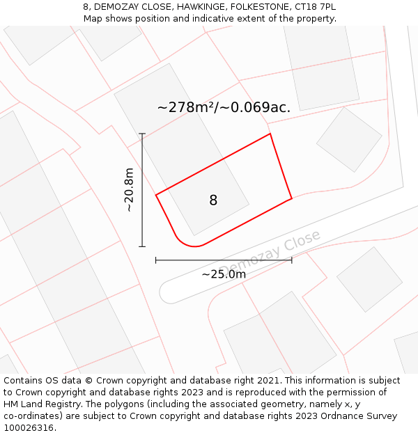 8, DEMOZAY CLOSE, HAWKINGE, FOLKESTONE, CT18 7PL: Plot and title map
