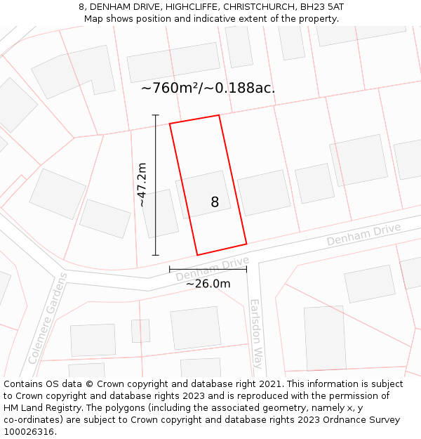 8, DENHAM DRIVE, HIGHCLIFFE, CHRISTCHURCH, BH23 5AT: Plot and title map