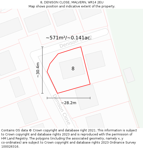 8, DENISON CLOSE, MALVERN, WR14 2EU: Plot and title map