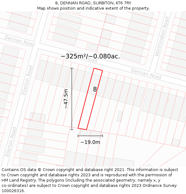 8, DENNAN ROAD, SURBITON, KT6 7RY: Plot and title map