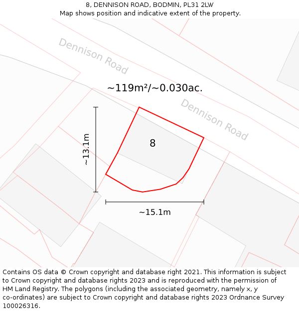 8, DENNISON ROAD, BODMIN, PL31 2LW: Plot and title map