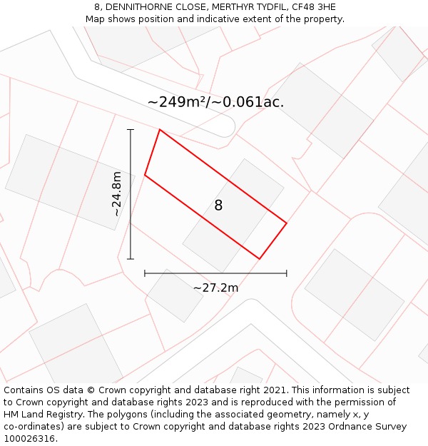 8, DENNITHORNE CLOSE, MERTHYR TYDFIL, CF48 3HE: Plot and title map