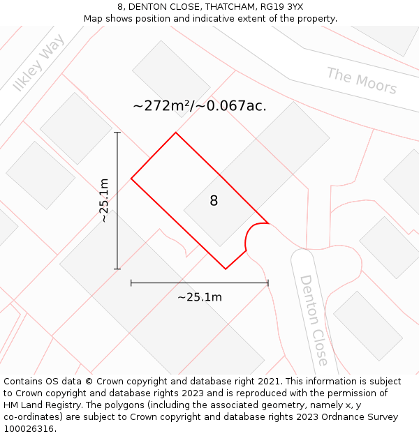 8, DENTON CLOSE, THATCHAM, RG19 3YX: Plot and title map