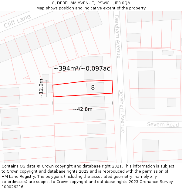 8, DEREHAM AVENUE, IPSWICH, IP3 0QA: Plot and title map