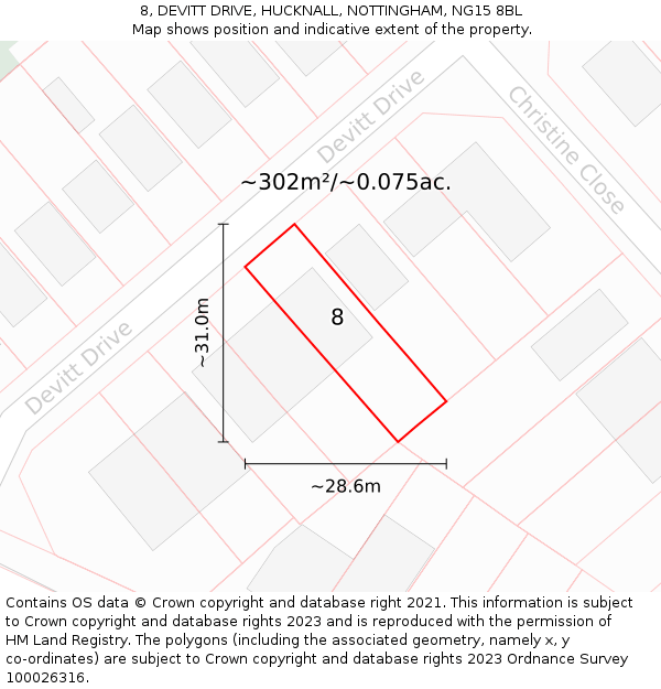 8, DEVITT DRIVE, HUCKNALL, NOTTINGHAM, NG15 8BL: Plot and title map