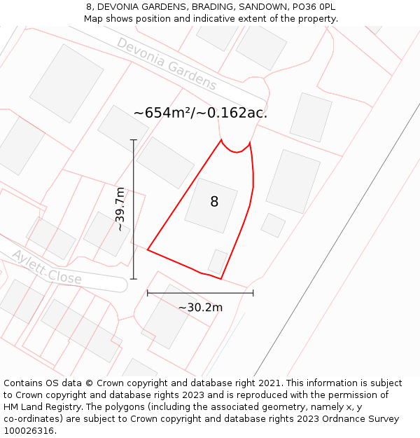 8, DEVONIA GARDENS, BRADING, SANDOWN, PO36 0PL: Plot and title map