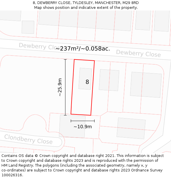 8, DEWBERRY CLOSE, TYLDESLEY, MANCHESTER, M29 8RD: Plot and title map