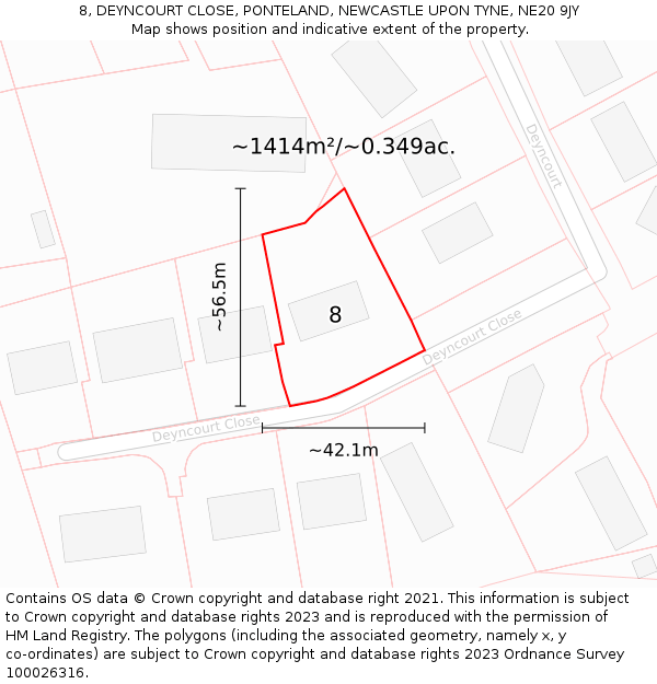 8, DEYNCOURT CLOSE, PONTELAND, NEWCASTLE UPON TYNE, NE20 9JY: Plot and title map