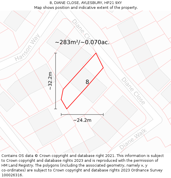 8, DIANE CLOSE, AYLESBURY, HP21 9XY: Plot and title map