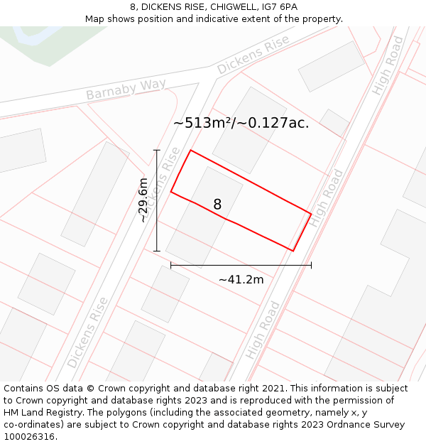 8, DICKENS RISE, CHIGWELL, IG7 6PA: Plot and title map